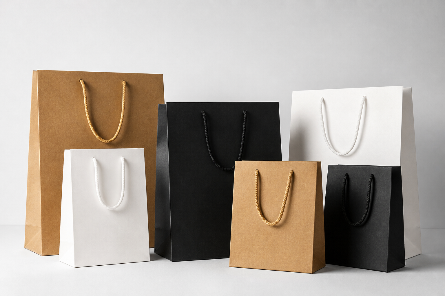 Variedade de sacolas personalizadas premium em diferentes tamanhos e acabamentos
